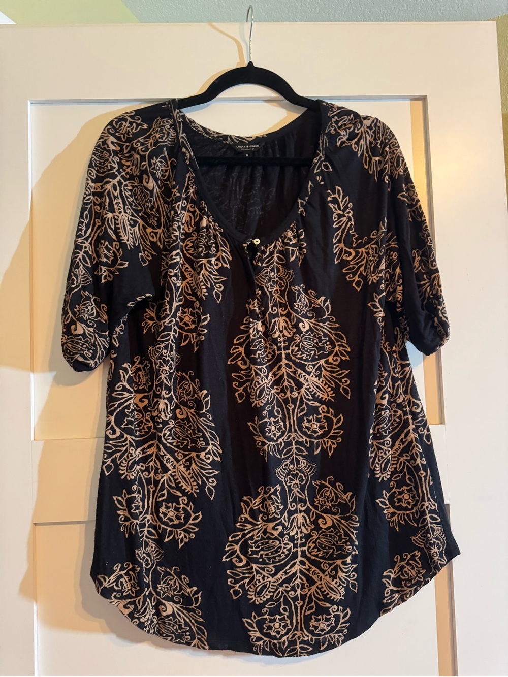 Lucky Brand Black Top with Beige Floral Print
